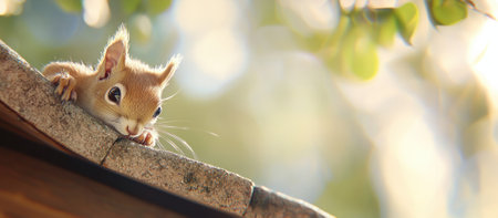 A red squirrel peers out from a small gap under roof tiles of a weathered wooden house, its claws gripping the edge. Soft sunlight filters through trees, highlighting its fur.の素材