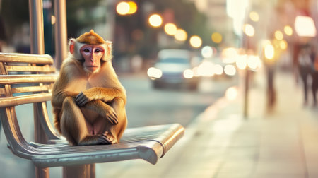 A monkey sits on a metal bench at a bustling city bus stop, arms crossed and deep in thought, while pedestrians rush by in a blur, adding a touch of humor to urban life.の素材