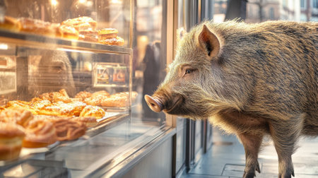 A large wild boar is pressed against the glass of a bakery, eyeing a tray of freshly baked pastries.の素材