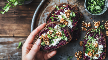 Chef is holding a slice of dark rye bread topped with beetroot puree, fresh goat cheese, walnuts, and microgreens, ready to be served on a rustic wooden tableの素材