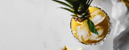 A clear glass filled with vibrant pineapple juice, fresh mint, and ice cubes showcases a tropical cocktail. Golden liquid splashes upward with suspended droplets against a clean background.の素材