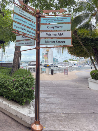 Penang, Malaysia - April 24, 2025: a directional signpost with labels for locations including Quay West and Market Street, surrounded by greenery by the waterfront.の写真素材