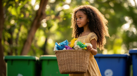 A cheerful girl carries a woven straw basket filled with recyclables, walking towards bright recycling bins under warm sunlight filtering through trees, fostering an eco-friendly atmosphere.の素材
