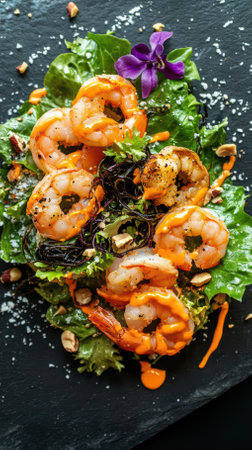 Delicious and healthy salad featuring grilled shrimp, lettuce, hazelnuts, and vibrant orange sauce, presented on a black slate plate and garnished with an edible purple flowerの素材