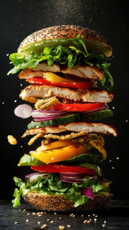 Poppy seed bun sandwich with grilled chicken, fried onion rings, fresh salad, cucumber, tomato and yellow bell pepper slices flying on black background with sesame seedsの素材