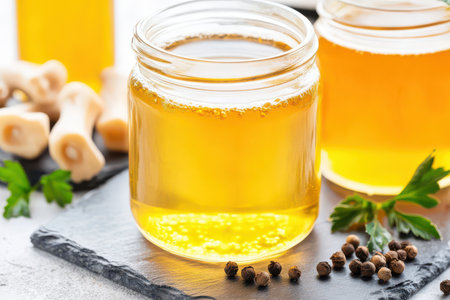Glass jars containing simmering bone broth surrounded by beef marrow bones, fresh parsley, and peppercorns, highlighting nutritious home-cooked meal preparationの写真素材