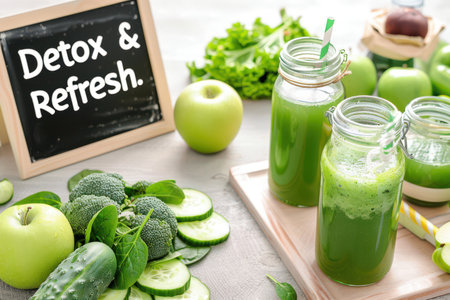 Green juice bottles nestled among fresh apples, cucumbers, broccoli, spinach, highlighting nutritious detox and wellness beverage preparationの写真素材