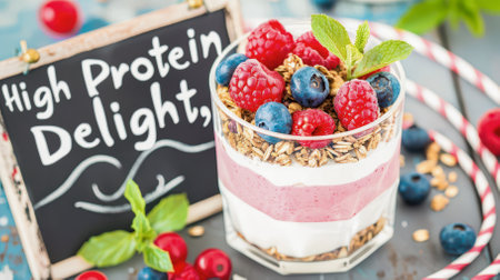 Glass layered with yogurt parfait made with fresh raspberries, blueberries, granola and a high protein smoothie, promoting a healthy and energetic lifestyleの写真素材