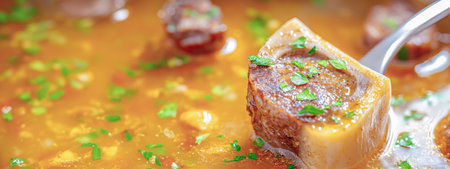 Rustic metal spoon scooping gelatinous beef marrow from steaming bone broth, sprinkled with bright green parsley leavesの写真素材