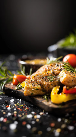 Close-up of crispy tempeh slices glistening in warm light, accompanied by roasted vegetables and herbs, enhancing the rustic ambiance of the textured wooden surface.の素材