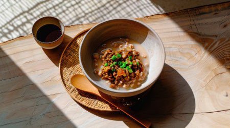 A rustic bowl of natto, garnished with green onions, rests on a bamboo placemat beside soy sauce and a wooden spoon, all illuminated by warm, golden-hour sunlight.の素材