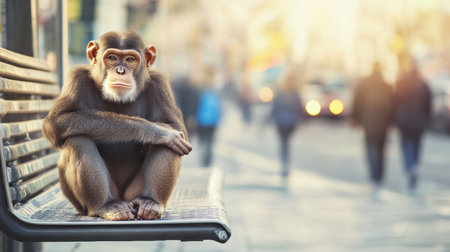 A monkey sits with arms crossed on a metal bench, gazing deeply as pedestrians rush by at a vibrant city bus stop during the evening.の素材