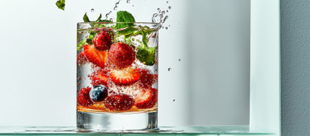 Refreshing berry-infused water is captured mid-pour, showcasing strawberries and blueberries swirling within. Tiny droplets glisten as the drink evokes a fresh outdoor atmosphere.の素材