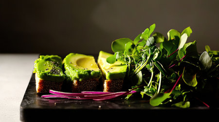 A vibrant avocado toast cut in half showcases its green spread, topped with chia seeds and garnished with fresh microgreens. The dark background enhances the dish's appeal.の素材