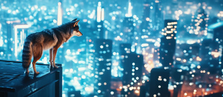 A solitary wolf stands on the edge of a skyscraper, gazing over a sprawling city filled with shimmering lights. The cool tones of the skyline enhance the wolf's rugged, wild nature.の素材