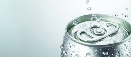 An opened silver energy drink can releases gentle vapor, surrounded by condensation droplets. A glossy, metallic finish enhances the sense of cold freshness on a white background.の素材