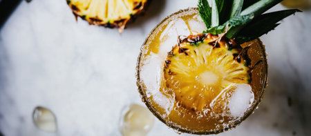 Clear glass filled with tropical pineapple juice, fresh mint, and ice cubes. Golden liquid splashes upward with droplets in mid-air against a clean white gradient backdrop.の素材