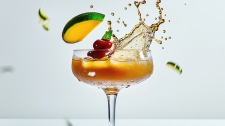 Mango daiquiri cocktail splashes energetically, showcasing falling lime slice and mango puree droplets. Warm golden tones and shimmering accents create an inviting tropical atmosphere.の素材