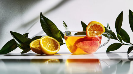 Glass teacup filled with vibrant Korean yuzu tea showcases fresh yuzu slices and natural leaves. Soft eco-style composition highlights the delicious beverage's colors and textures.の素材