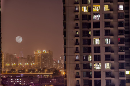 Full moon city night sceneryのeditorial素材