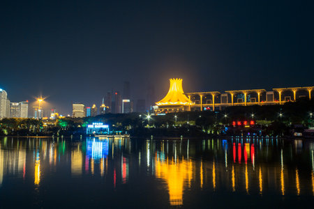 Nanning Folk Song Lake at nightの写真素材
