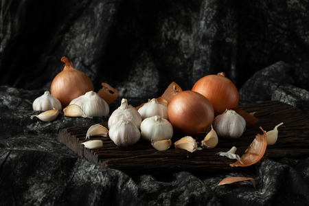 onion fresh ingredient vegetable cooking on wood vintage styleの写真素材