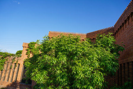 Red brick art museum building sky big treeのeditorial素材