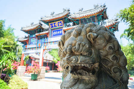 Stone lion at the gate of Hongluo Templeの写真素材