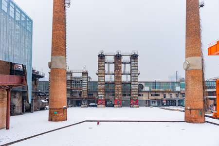 Abandoned factory square chimneyの写真素材