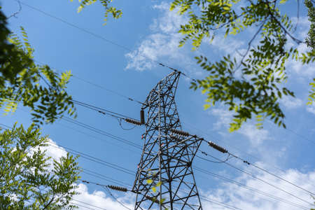 electricity pole power line countryside blue skyの写真素材