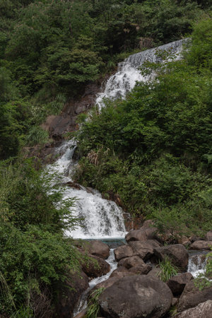 Waterfall in the forest. Waterfall in the mountains.の写真素材