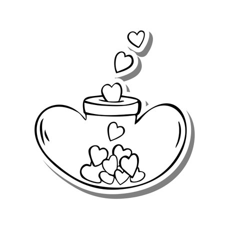 Doodle Line heart shape piggy bank to collect little hearts for love on white silhouette and gray shadow. Vector illustration Valentine Theme for decoration or any design.のイラスト素材