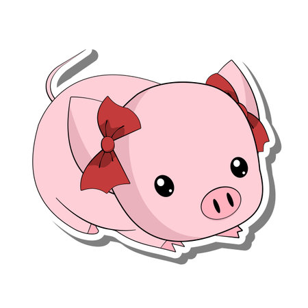 Cartoon cute pink pig, clipart animal girl. Doodle nursery decoration, black line hand drawn character. Vector illustration of kid art.のイラスト素材