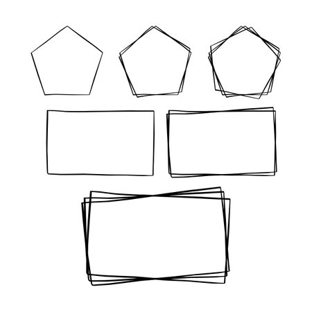 Basic black line doodle blank frame on white background. Pentagon and Rectangle. Single Double and Triple. Vector illustration.のイラスト素材