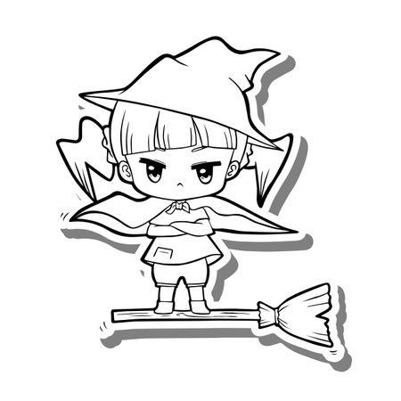 Black line cute cartoon Little Witch Girl. Doodle on white silhouette and gray shadow. Vector illustration for decorate, coloring and any design.のイラスト素材