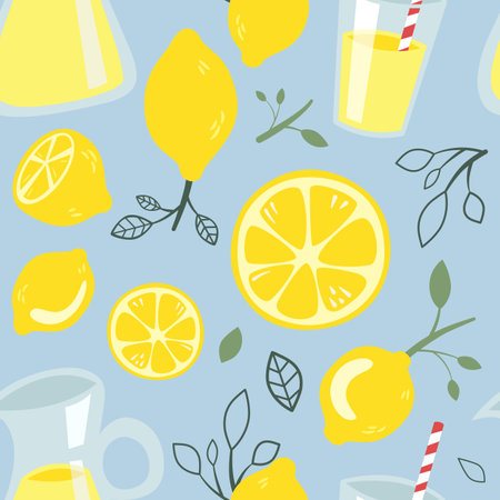 Yellow fresh Lemon with Leaves, slices, a glass of Lemonade Seamless Pattern. Abstract art print. Design for paper, covers, cards, fabrics, interior items and any. Vector illustration about fruit.のイラスト素材