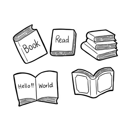 Doodle cartoon books. Hand drawn black line. Text 'Book' , 'Read' , 'Hello !! World'. Vector illustration.のイラスト素材