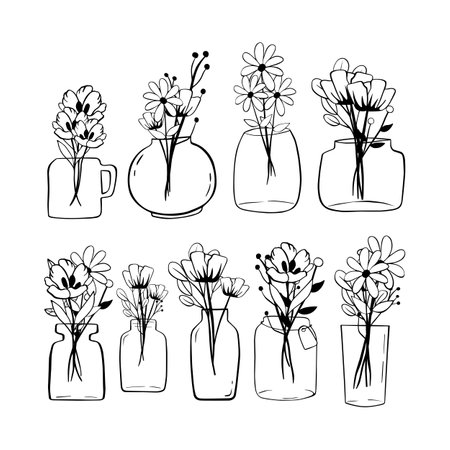 Black line doodle Flowers in Jar on white background. Vector illustration about nature.のイラスト素材