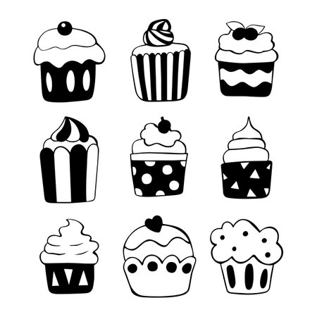 âªMonochrome Black line set of nine cupcakes on white background. Hand drawn cartoon style, decoration or any design. Vector illustration of kid art.â¬のイラスト素材