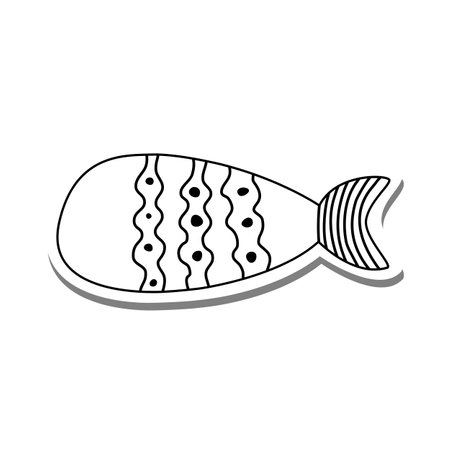 Cute cartoon Boho Fish on white silhouette and gray shadow. Vector illustration about animal fancy.のイラスト素材