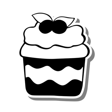 Monochrome cupcake with cherry on white silhouette and gray shadow. Vector illustration for decoration or any design.のイラスト素材