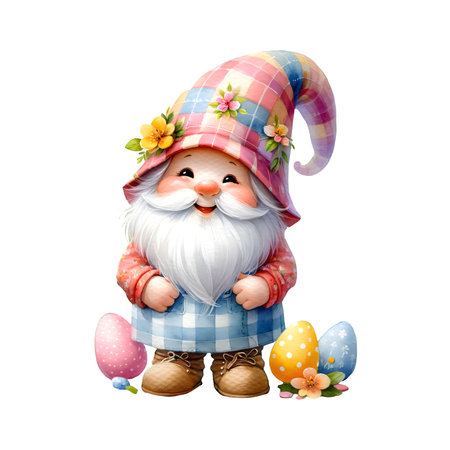 Cute gnome with easter eggs on a white background. Generated AIの素材