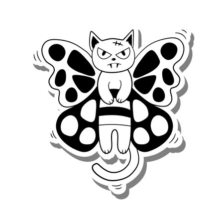 Monochrome Cat Butterfly on white silhouette and gray shadow. Hand drawn cartoon style. Vector illustration for decorate and any design.のイラスト素材