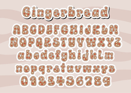 Cute Alphabet and Number with Stars and Dots like Cookies. Lovely letter design for decoration. Message 'Gingerbread' on top. Vector Illustration about lettering.のイラスト素材