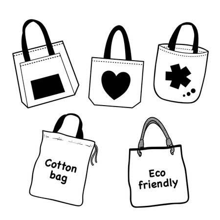 Black line doodle Cloth Bag on white background. Message 'Cotton Bag' and 'Eco Friendly' Vector illustration.のイラスト素材