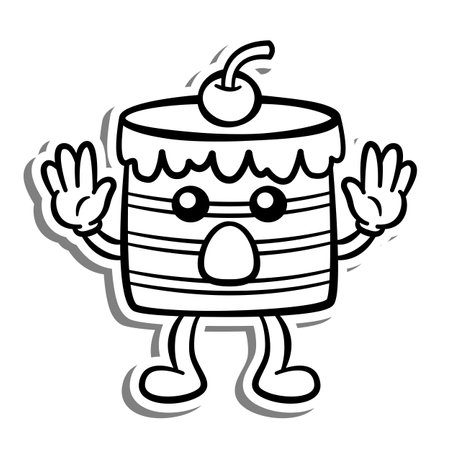 Black line Retro Cartoon Cake Giving up. on white silhouette and gray shadow. Doodle Style Vector illustration for decorate, coloring and any design.のイラスト素材