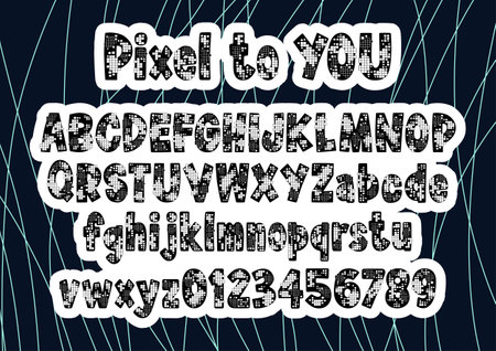 Alphabet and Number Decorated with Pixel. Letter design for decoration. Message 'Pixel to YOU' on top.  Vector Illustration about lettering.のイラスト素材