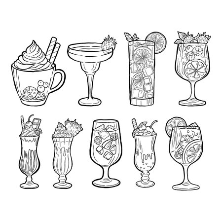 Set of black line doodle Sweet Drink on white background. Vector illustration.のイラスト素材