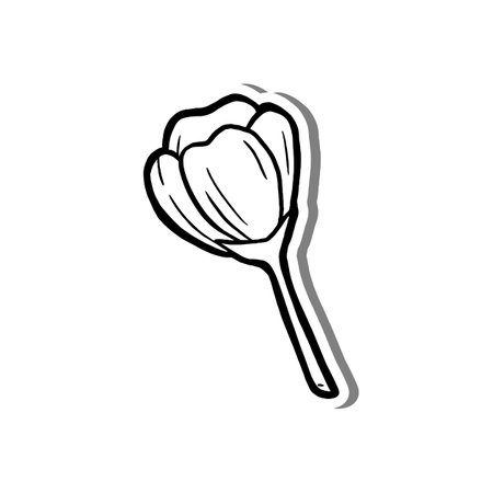 Single Little Bloom Flower Outline on white silhouette and gray shadow. Hand drawn cartoon style. Vector illustration for decorate, coloring and any design.のイラスト素材