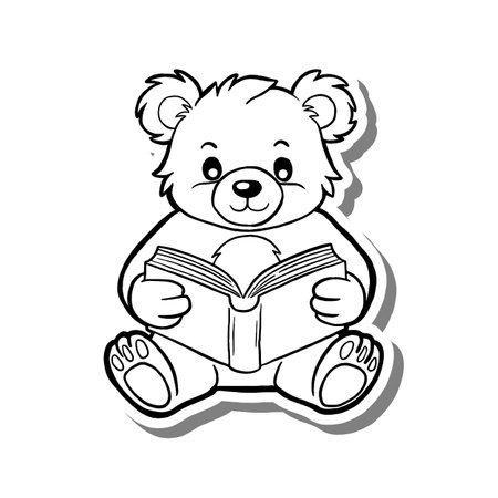 Bear Read Book Outline on white silhouette and gray shadow. Hand drawn cartoon style. illustration for decorate and any design.のイラスト素材